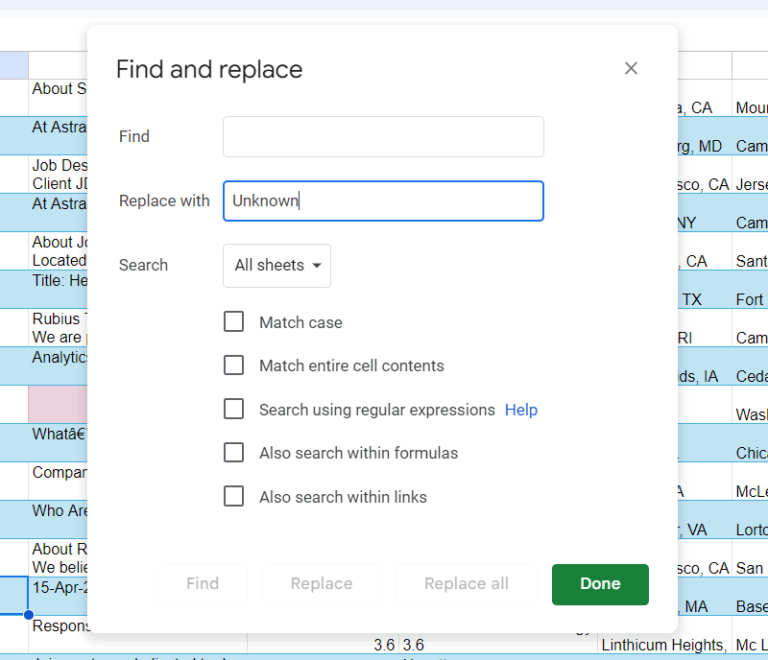 ctrl + f to replace empty cells